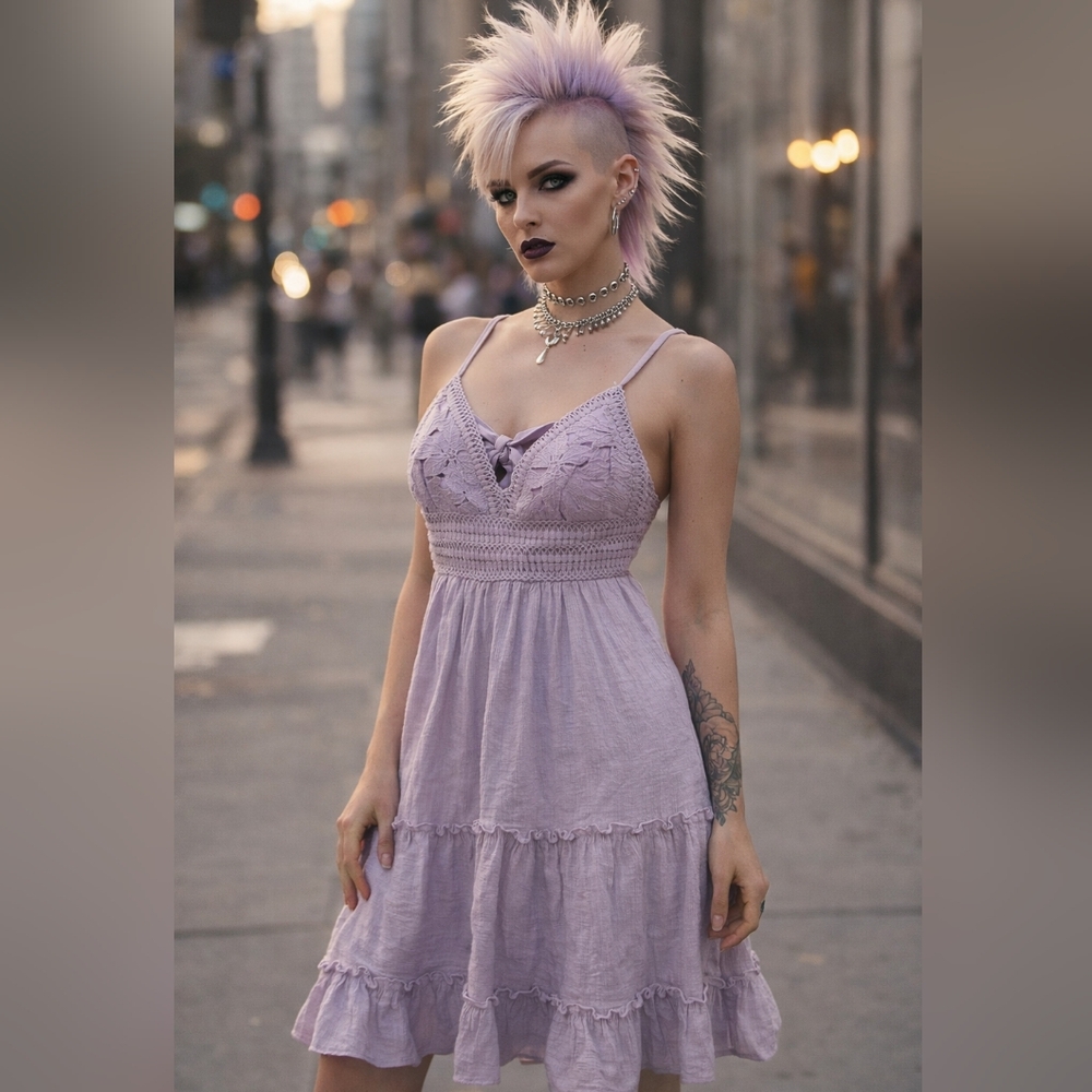 Love💜Tree LAVENDER Mini Dress with LACE BODICE💜FULLY LINED💜OPEN BACK Sz L
